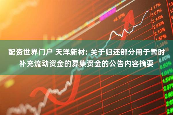 配资世界门户 天洋新材: 关于归还部分用于暂时补充流动资金的募集资金的公告内容摘要